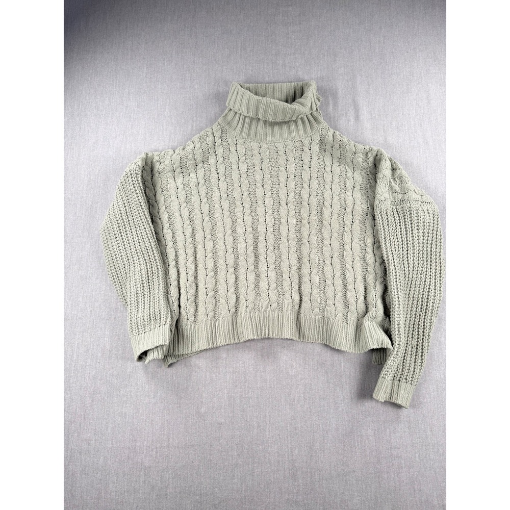 POL Sage Green Cable Knit Turtleneck Cropped Sweater JST703 Womens Large